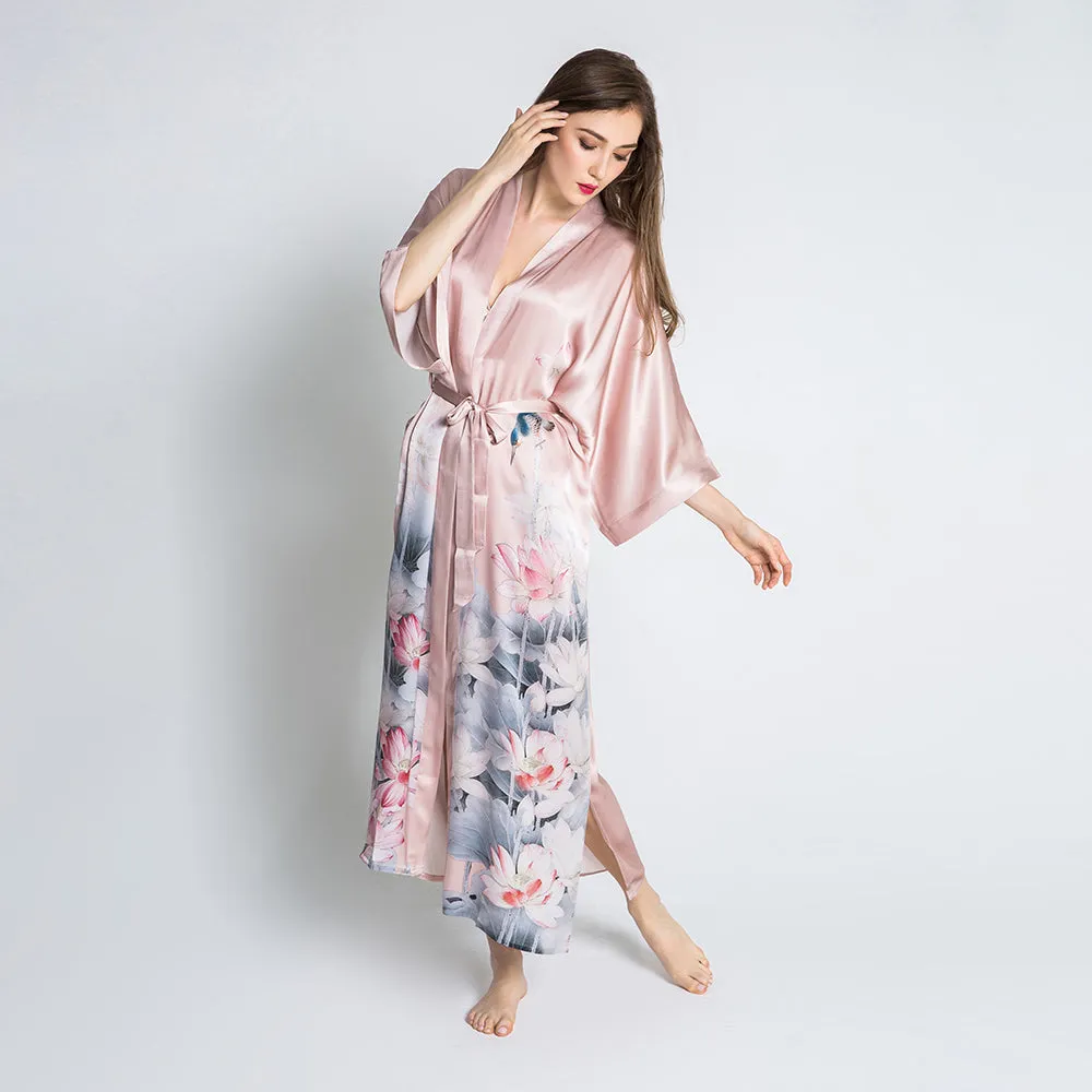 Silk Lotus Long Kimono Robe