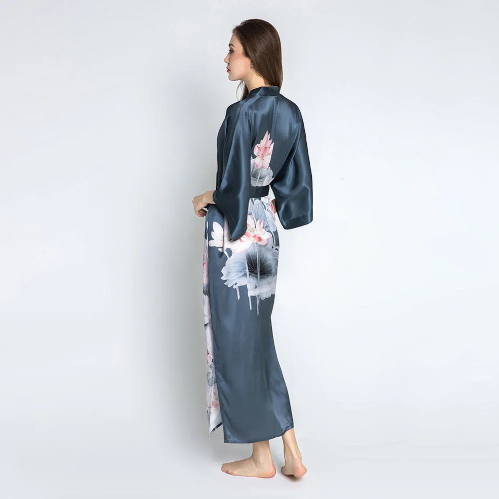 Silk Lotus Long Kimono Robe