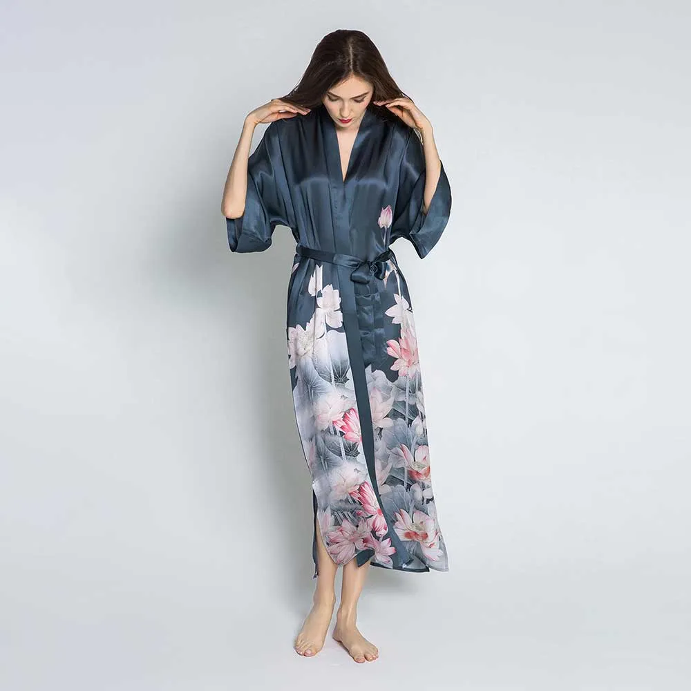 Silk Lotus Long Kimono Robe