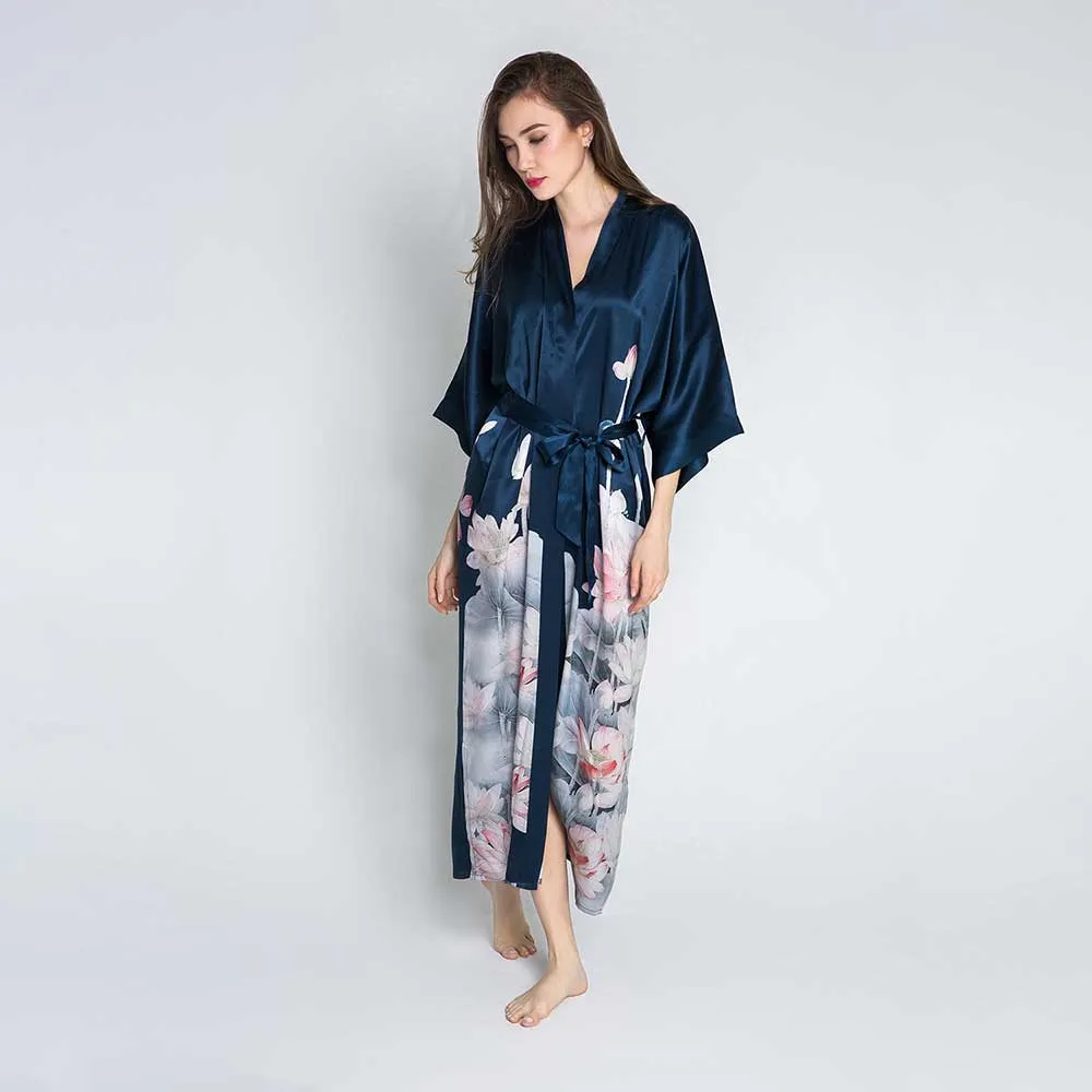 Silk Lotus Long Kimono Robe