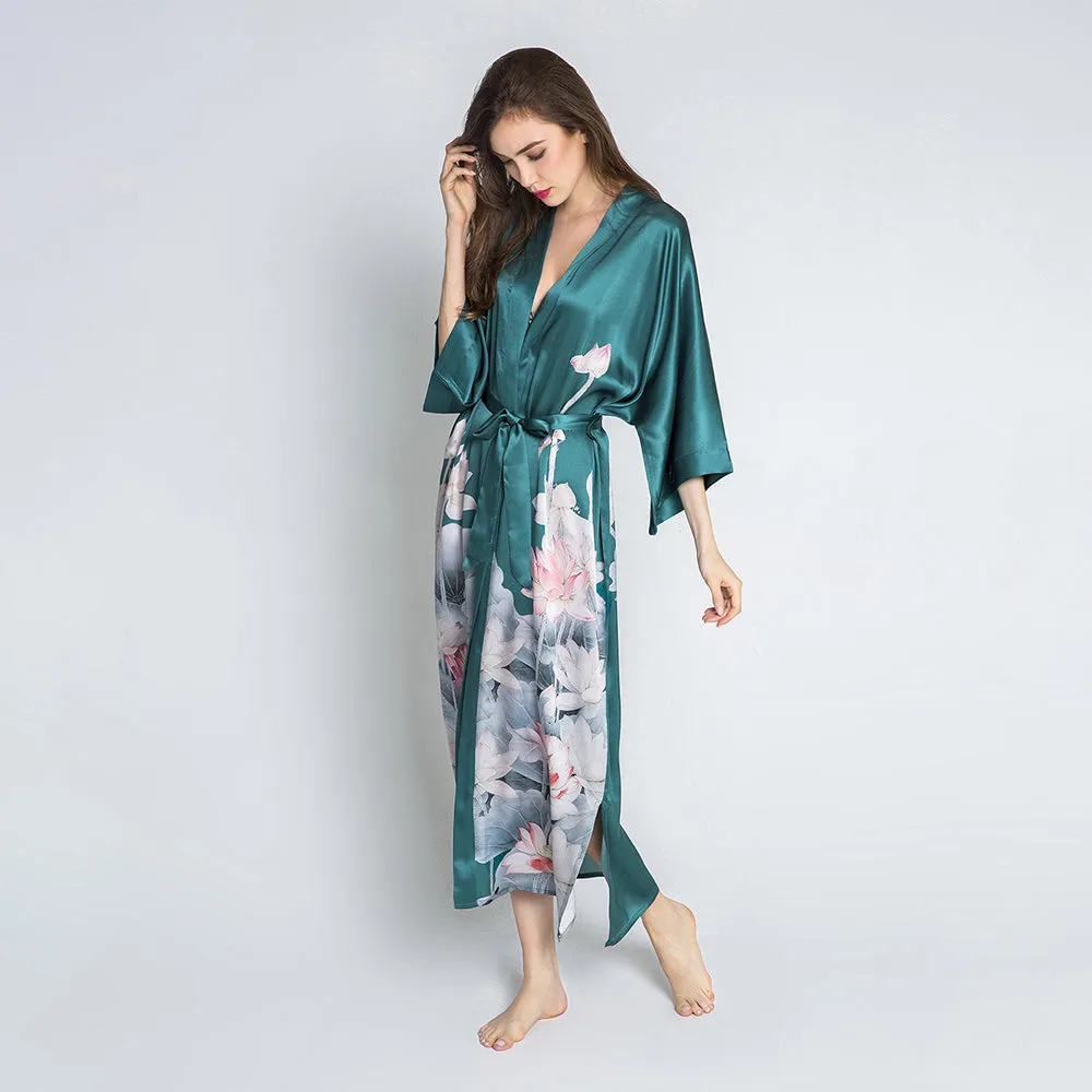 Silk Lotus Long Kimono Robe