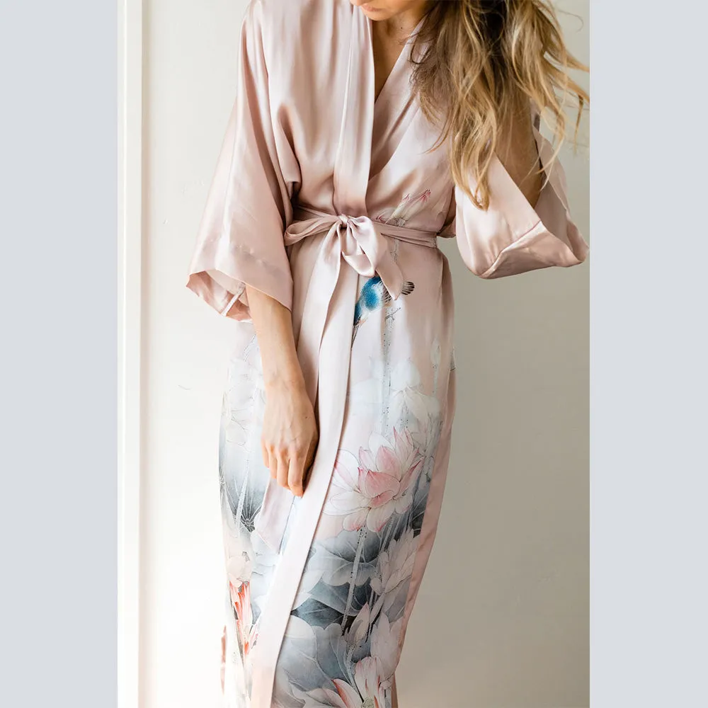 Silk Lotus Long Kimono Robe