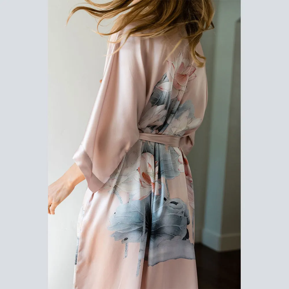 Silk Lotus Long Kimono Robe