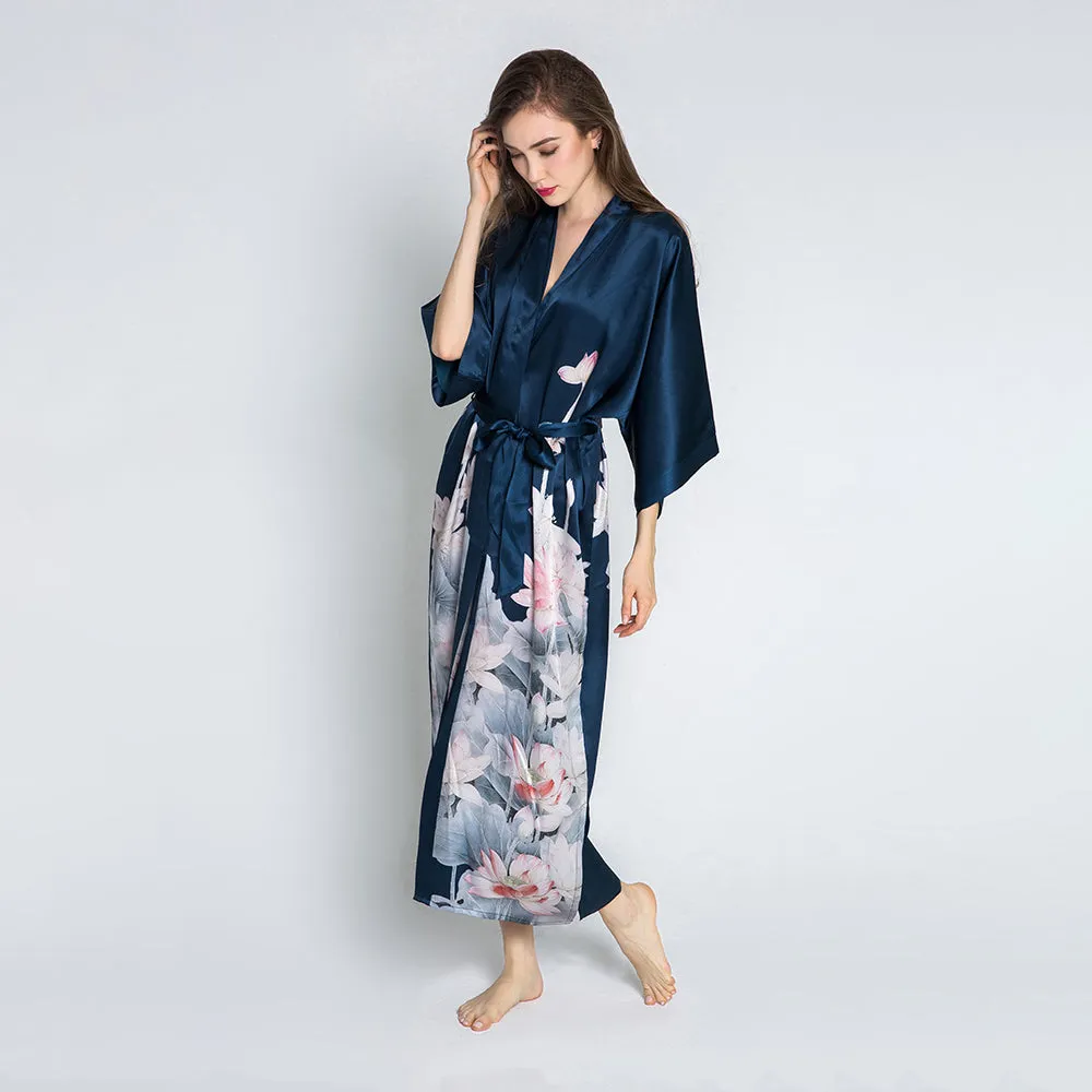 Silk Lotus Long Kimono Robe