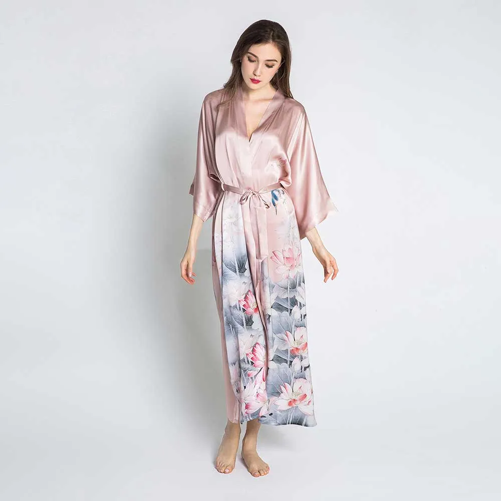 Silk Lotus Long Kimono Robe