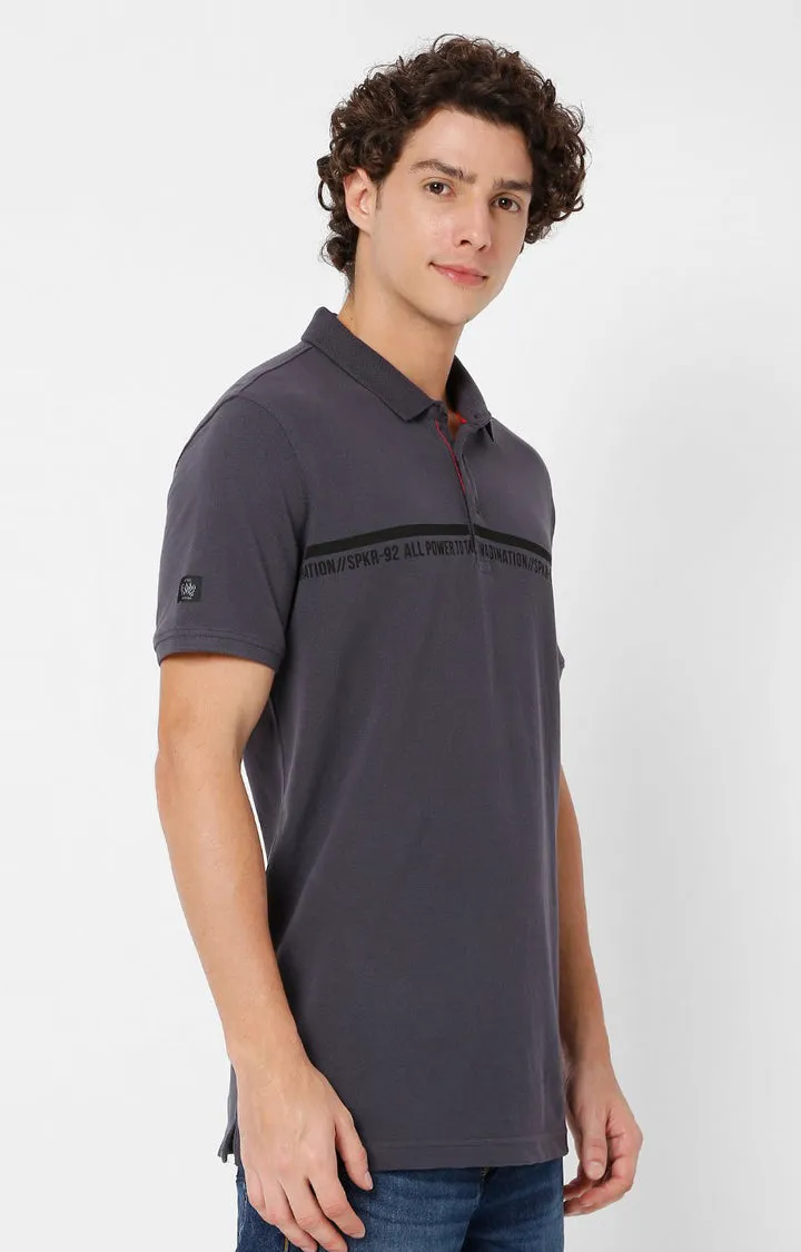 Spykar Men Grey Cotton Slim Fit Plain Polo T-Shirt