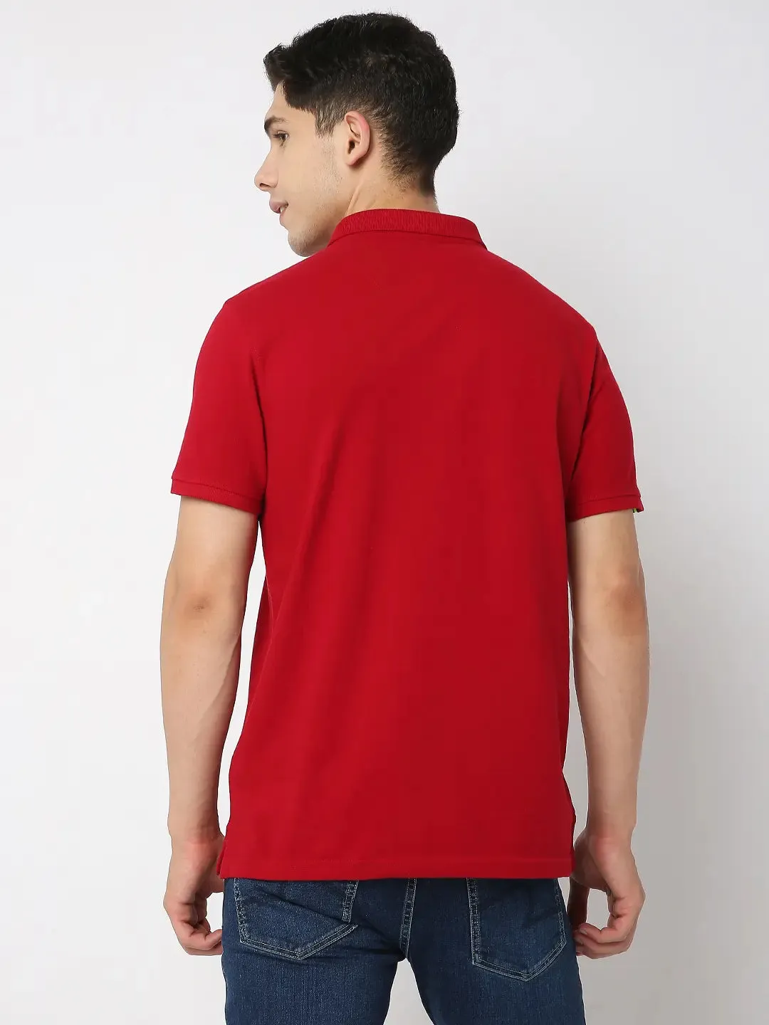 Spykar Men Red Cotton Regular Fit Plain Polo Tshirt