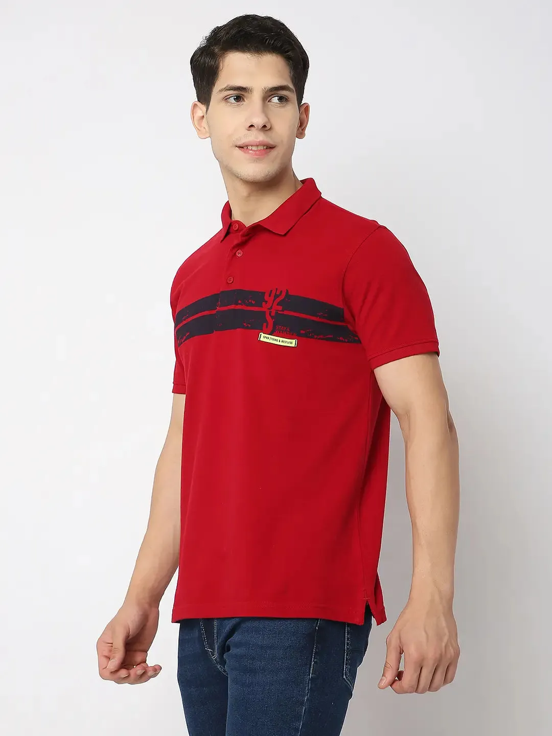 Spykar Men Red Cotton Regular Fit Plain Polo Tshirt