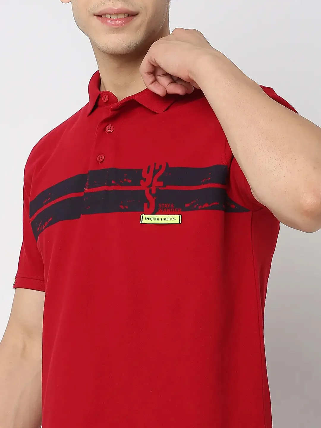 Spykar Men Red Cotton Regular Fit Plain Polo Tshirt