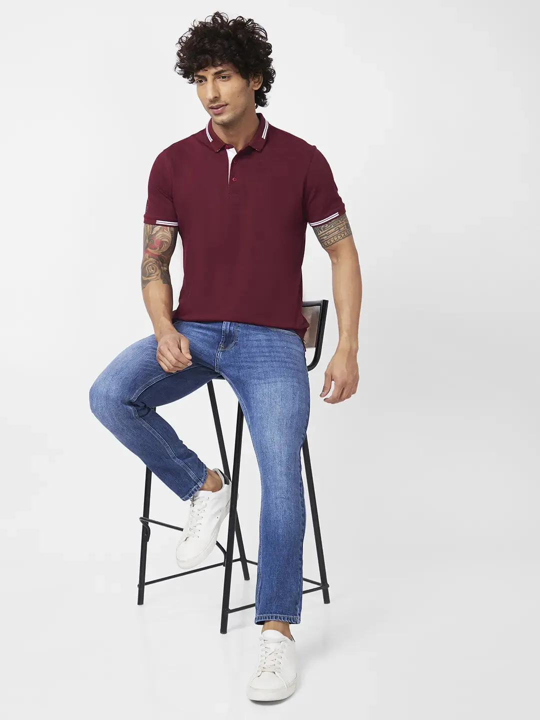 Spykar Men Wine Red Blended Slim Fit Half Sleeve Polo Neck Plain Tshirt