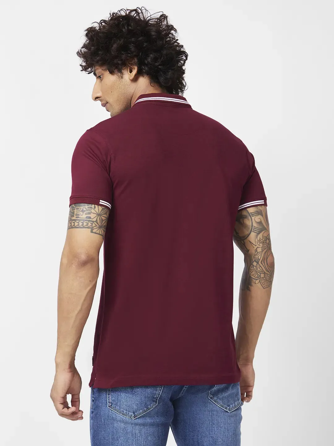 Spykar Men Wine Red Blended Slim Fit Half Sleeve Polo Neck Plain Tshirt