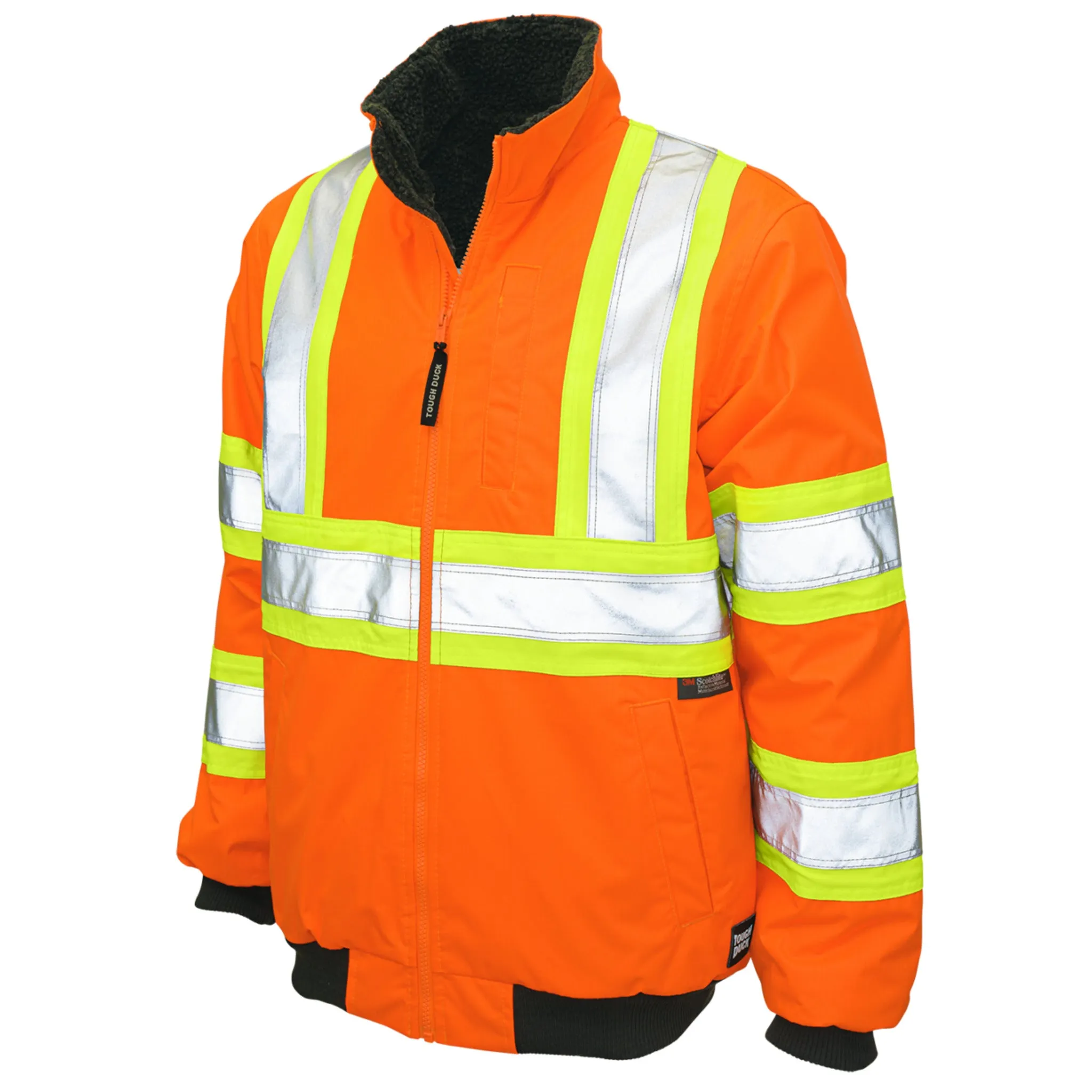 Tough Duck Men's Hi Vis Bomber Jacket SJ26 - CSA Poly 300D Ripstop, Waterproof, Breathable, Sherpa Lined, Reflective, Durable, Multi-Pocket Workwear | Sizes XS-5XL