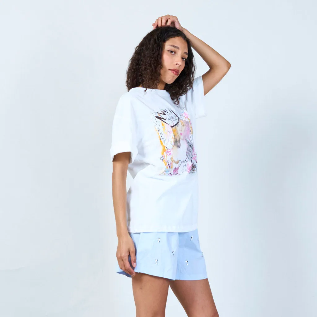 White casual t-shirt with girl print wholesale