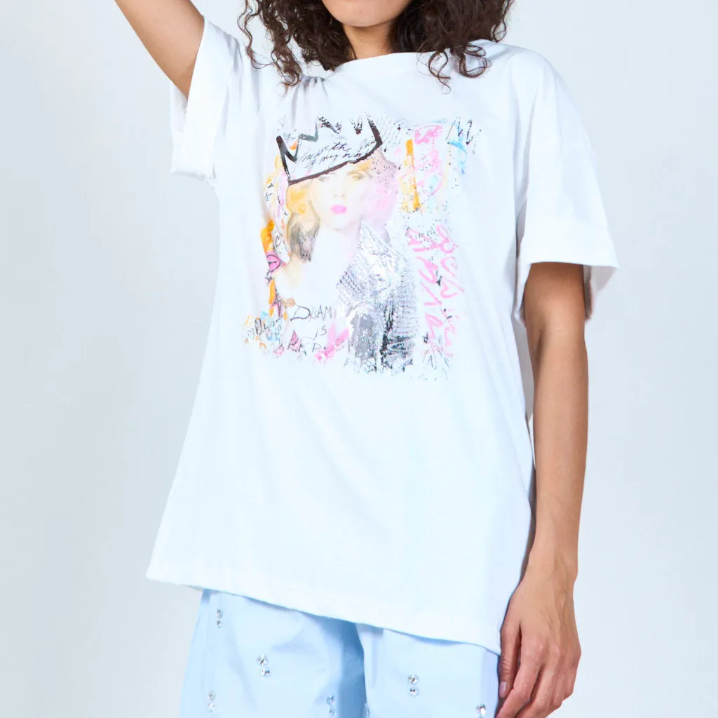 White casual t-shirt with girl print wholesale