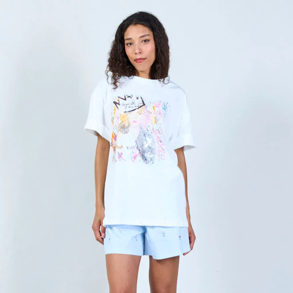 White casual t-shirt with girl print wholesale